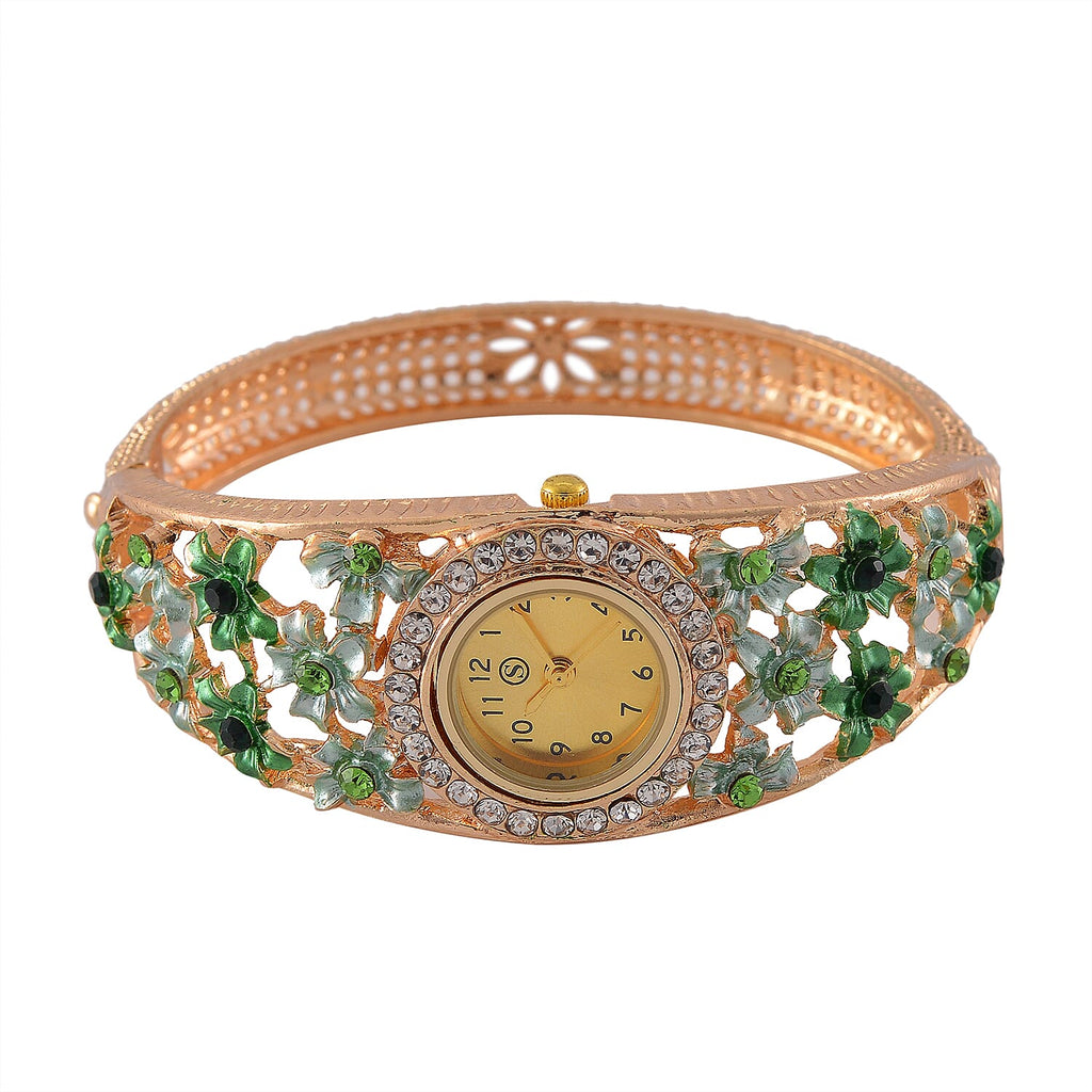 Strada Austrian Crystal Enamelled Bangle Watch - Green