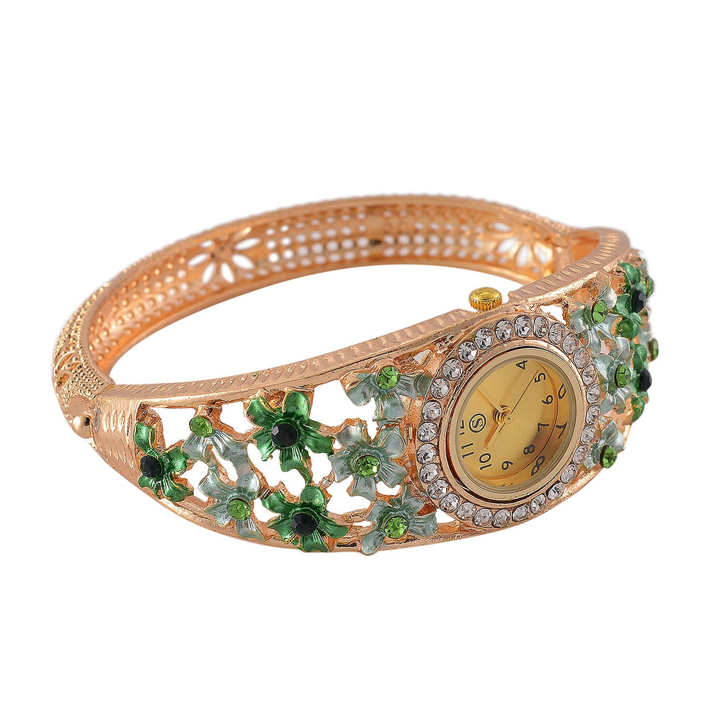 Strada Austrian Crystal Enamelled Bangle Watch - Green