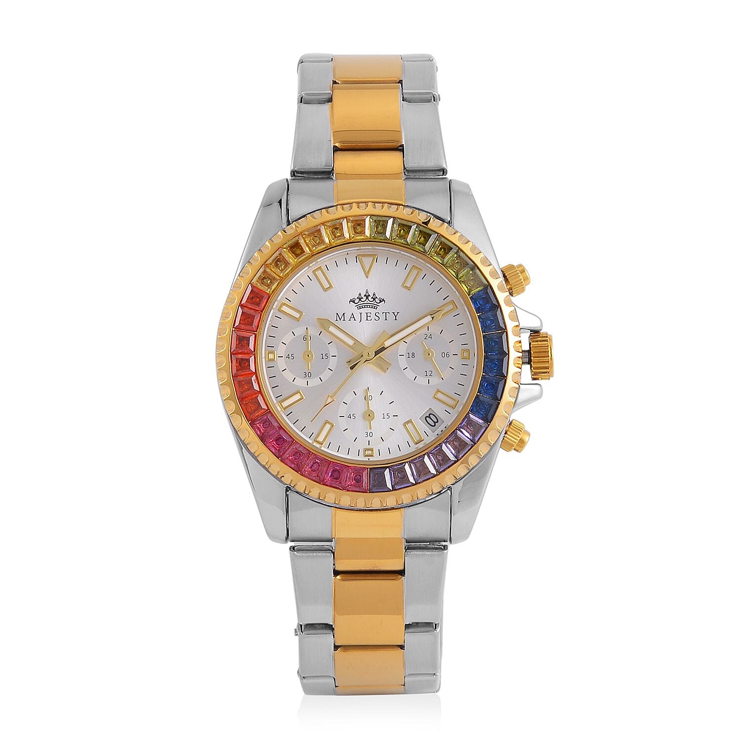 MAJESTY-  Exclusive Edition Multi Function Movement Watch with Cubic Zirconia Studded Dial and Metal Strap Watch withTwo Tone Colour Metal Strap.