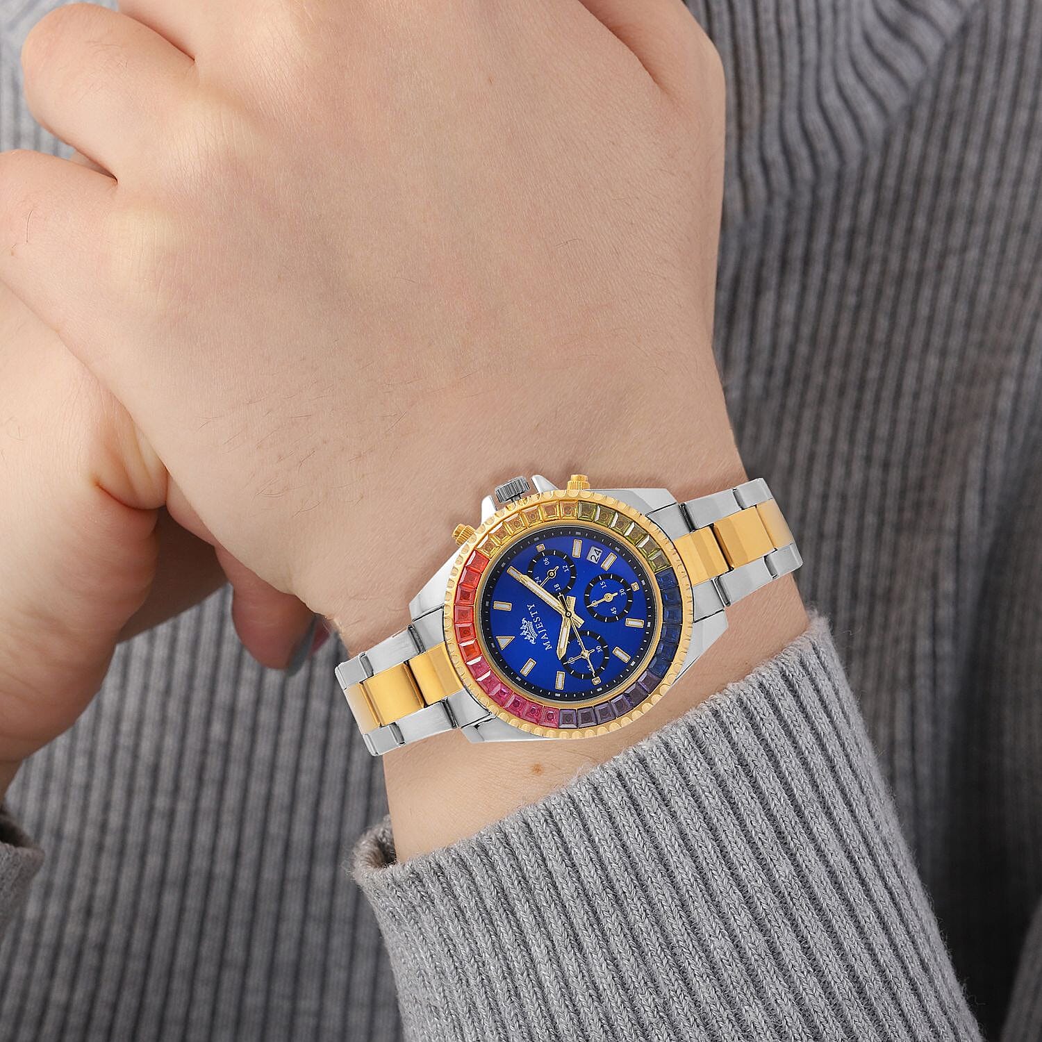 MAJESTY Limited Edition Multi-Function Multi Colour CZ Dial 3 ATM Water Resistant Watch in Dual Tone With Gift Box