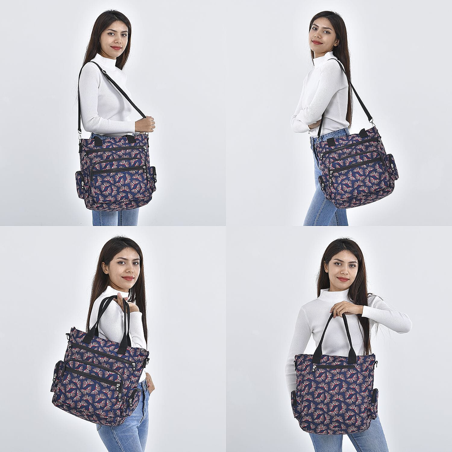 Multi Pocket Butterfly Pattern Tote Bag - Black
