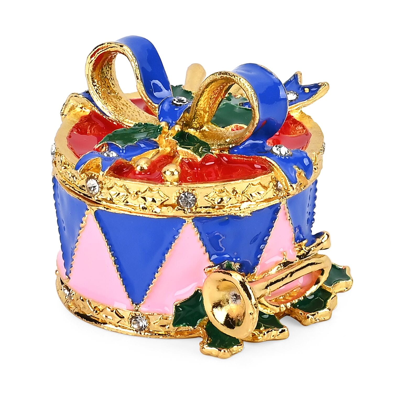 Christmas Drum Hand Painted Trinket Storage Box Enamelled With Sparkling Crystals - Blue