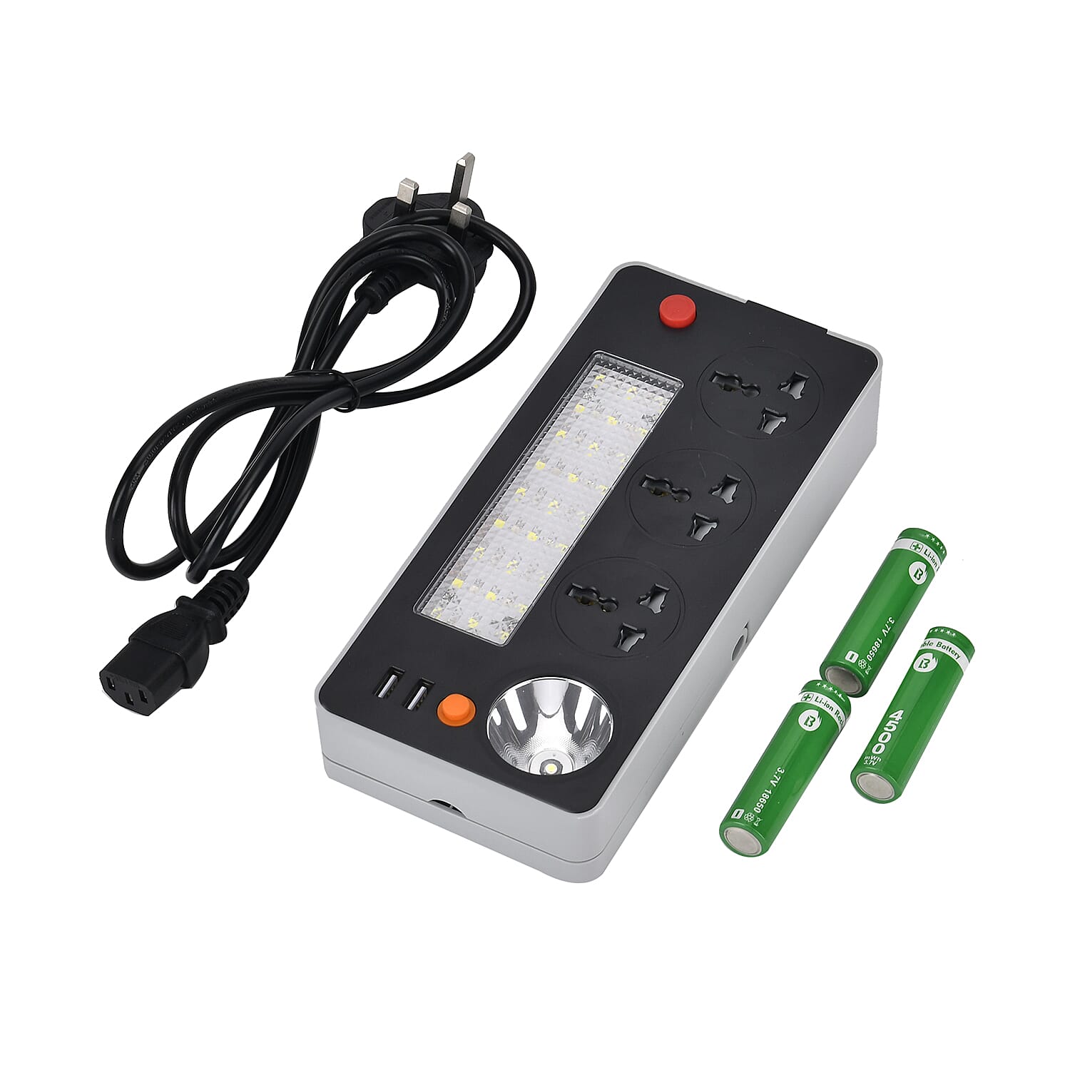 Multifunctional Power Strip with 3x 3 Pin Plug Sockets, 2x Usb Sockets, 3x Light Modes, Acts as a Power Bank with Rechargable Batteries, 1.5M Lead