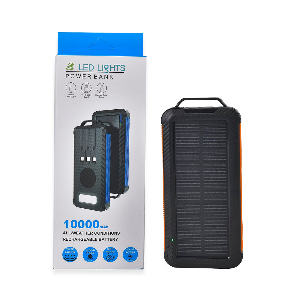 Multifunctional Solar Power Bank (Power 10000 mAh) with Wireless Charging (Inc. Type C, Micro USB & Lightning Cable) - Orange & Black
