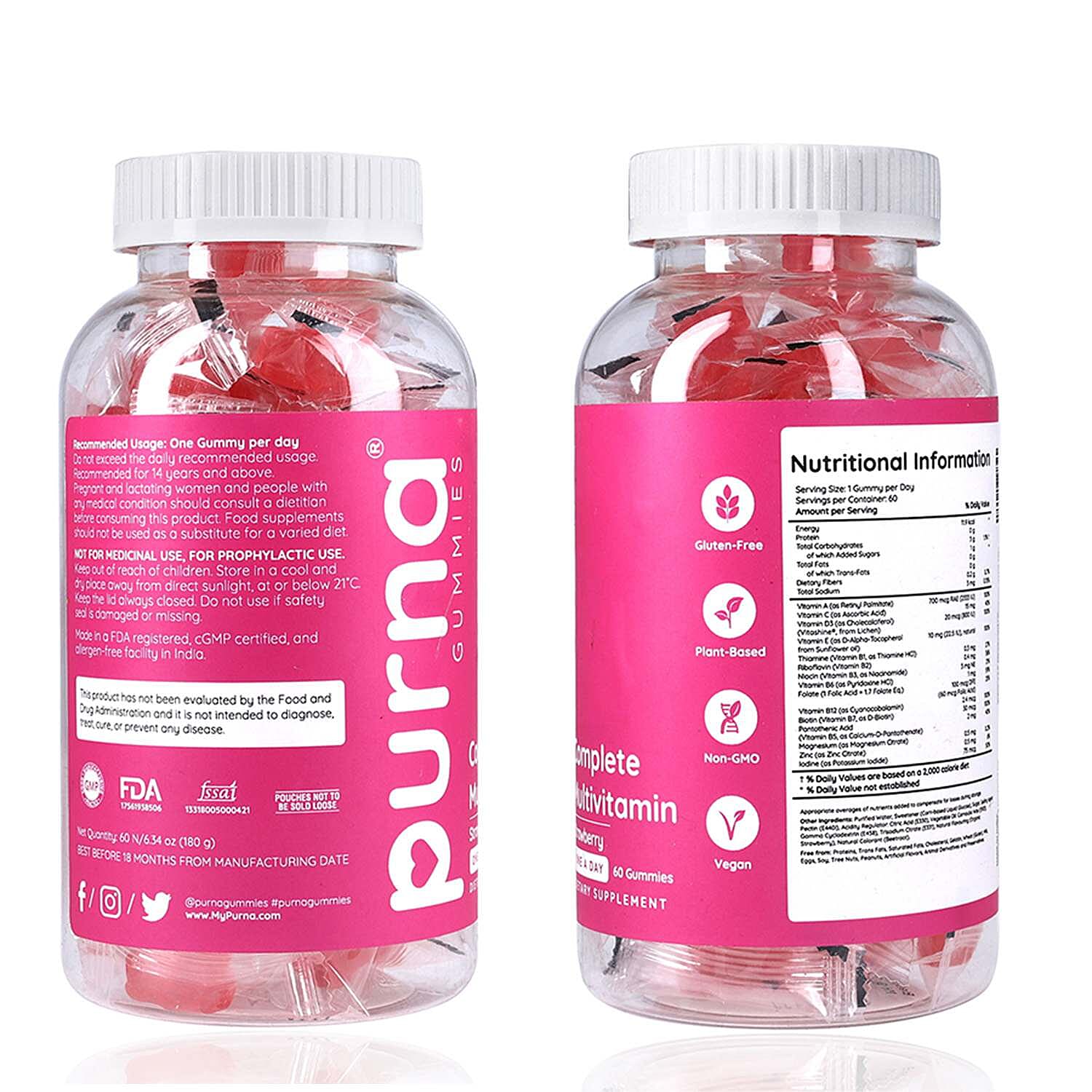 Purna Big Pack- Strawberry Flavoured Complete Multivitamin Gummies (60 Gummies)