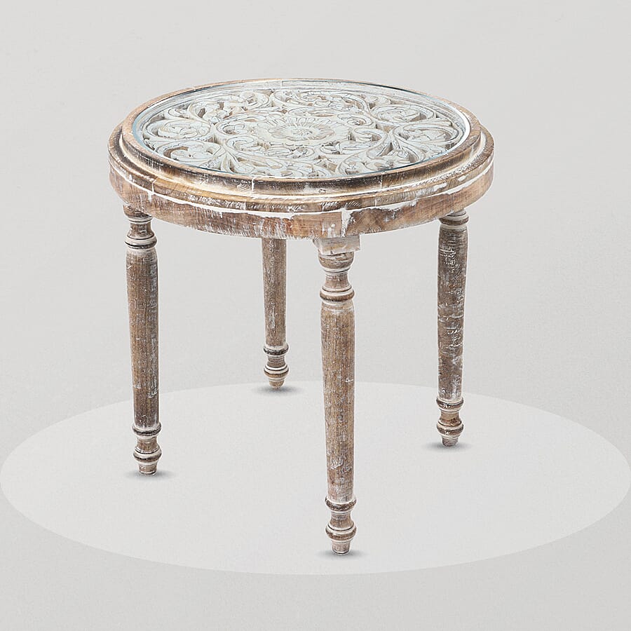 NAKKASHI Hand Carved Mango Wood Table with Glass Top (Size 58x58x41Cm)