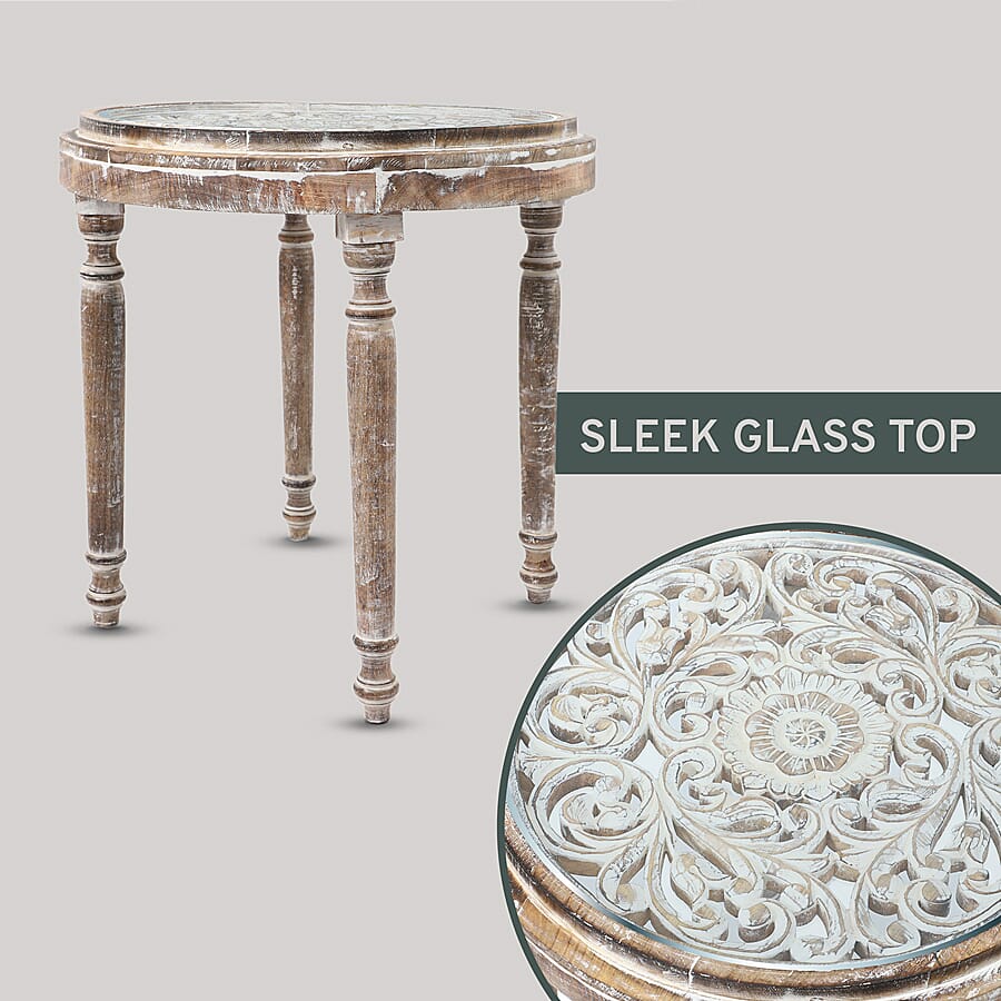 NAKKASHI Hand Carved Mango Wood Table with Glass Top (Size 58x58x41Cm)