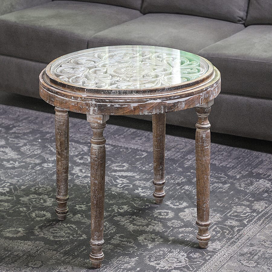NAKKASHI Hand Carved Mango Wood Table with Glass Top (Size 58x58x41Cm)