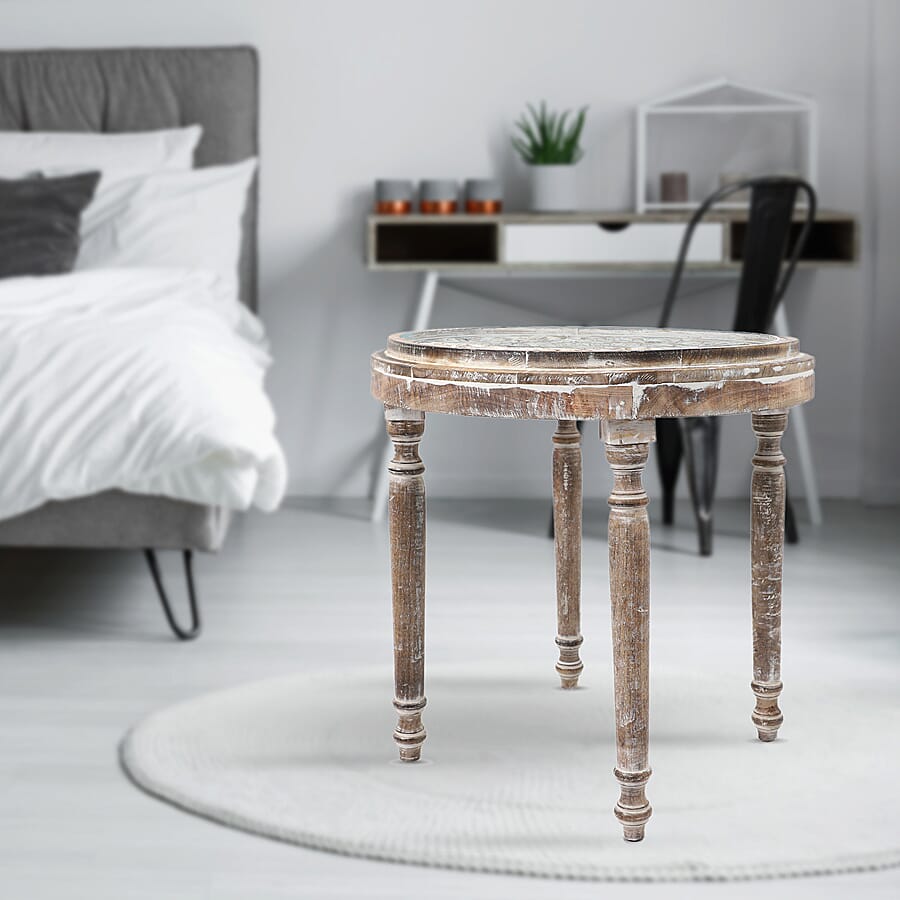 NAKKASHI Hand Carved Mango Wood Table with Glass Top (Size 58x58x41Cm)