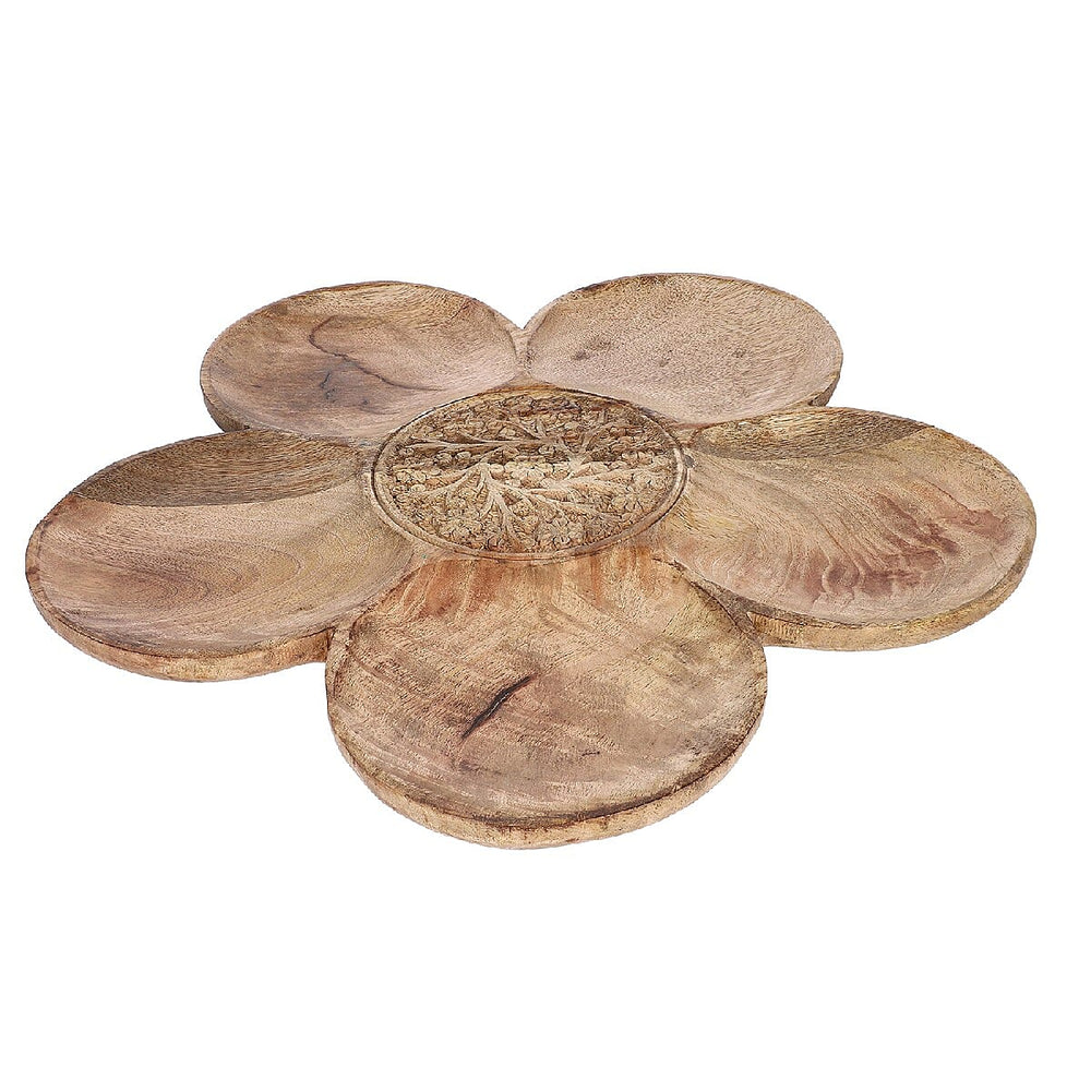 NAKKASHI Hand Carved Natural Antique Finish Wooden Food Serving Rotating Flower Shape Tray (Size 40X15 Cm)