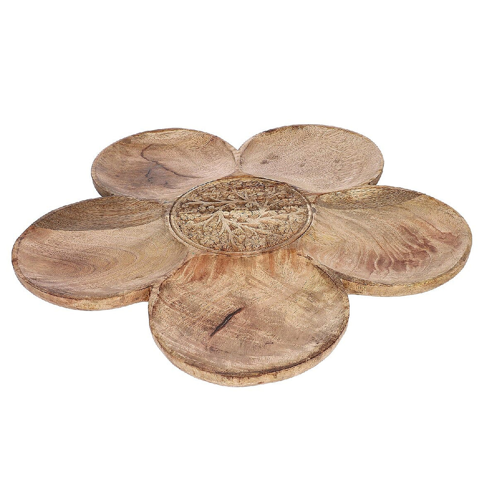 NAKKASHI Hand Carved Natural Antique Finish Wooden Food Serving Rotating Flower Shape Tray (Size 40X15 Cm)