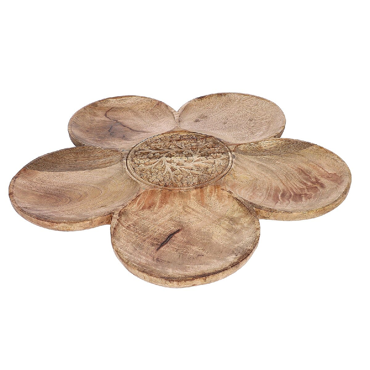 NAKKASHI Hand Carved Natural Antique Finish Wooden Food Serving Rotating Flower Shape Tray (Size 40X15 Cm)