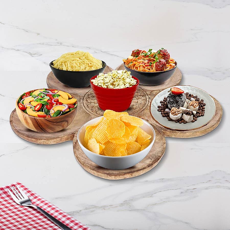 NAKKASHI Hand Carved Natural Antique Finish Wooden Food Serving Rotating Flower Shape Tray (Size 40X15 Cm)