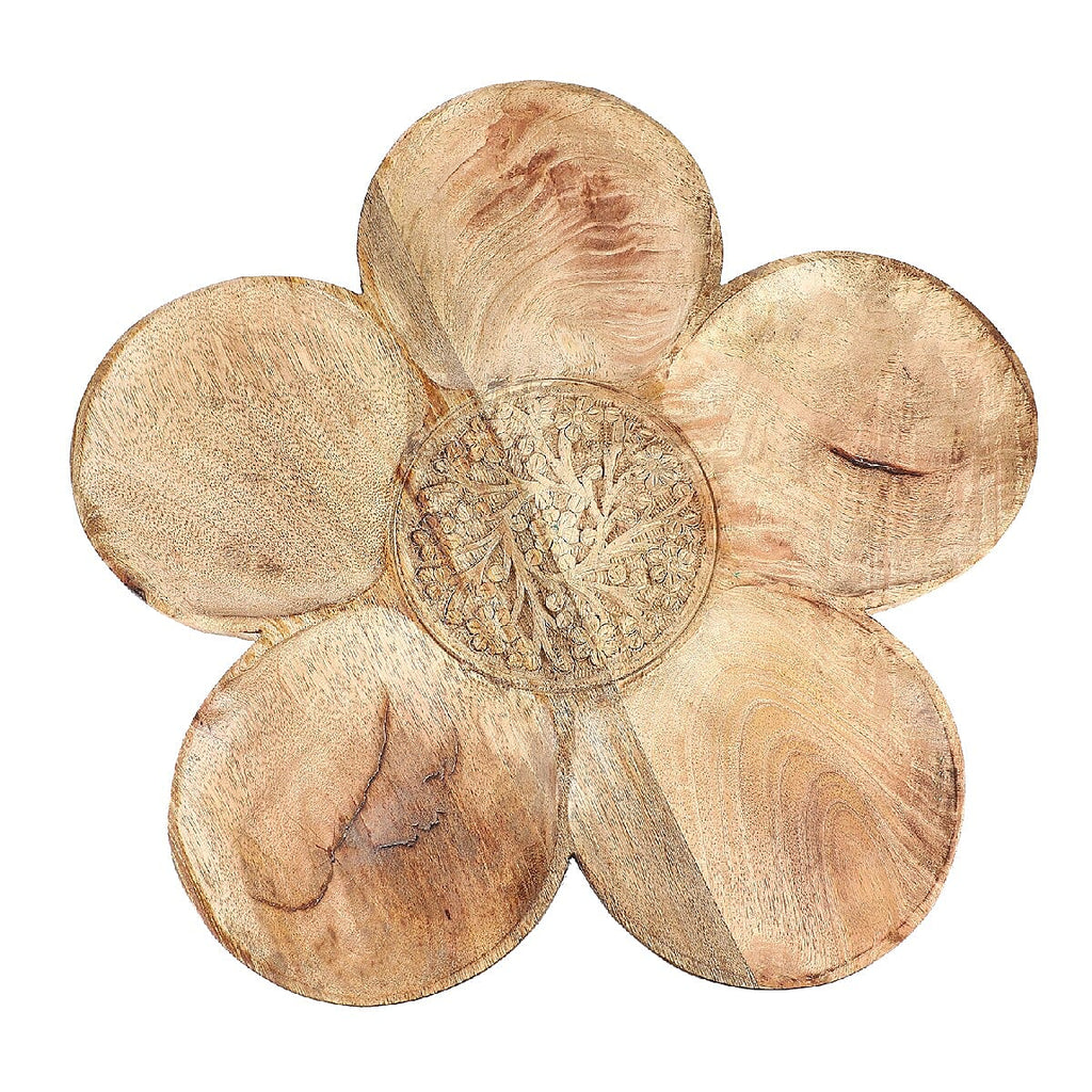 NAKKASHI Hand Carved Natural Antique Finish Wooden Food Serving Rotating Flower Shape Tray (Size 40X15 Cm)