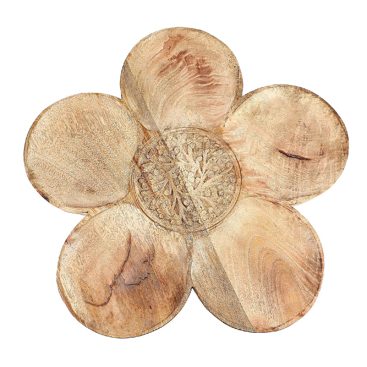 NAKKASHI Hand Carved Natural Antique Finish Wooden Food Serving Rotating Flower Shape Tray (Size 40X15 Cm)
