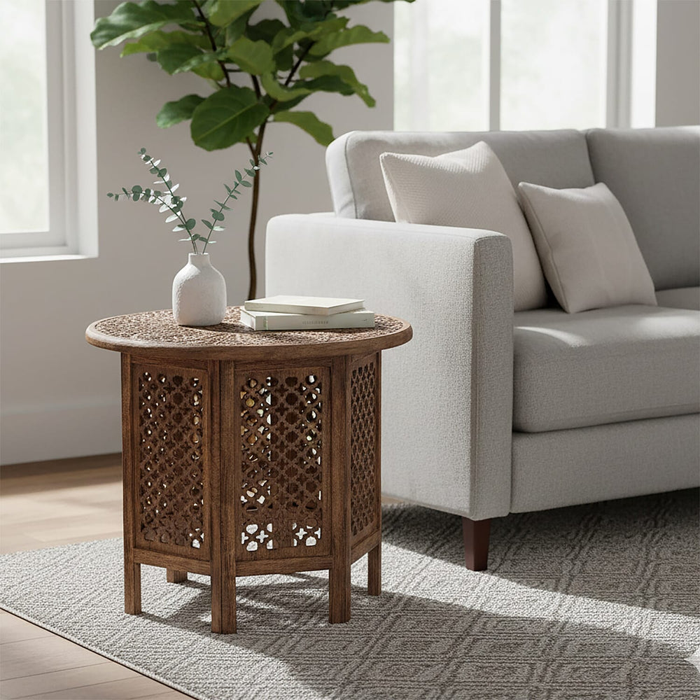 NAKKASHI - Hand Carved Solid Mango Wood Round Table in Burn Finish (Size 45x70 Cm)