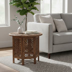 NAKKASHI - Hand Carved Solid Mango Wood Round Table in Burn Finish (Size 45x70 Cm)