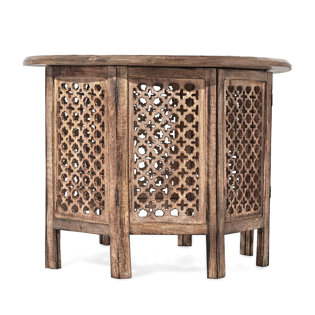 NAKKASHI - Hand Carved Solid Mango Wood Round Table in Burn Finish (Size 45x70 Cm)