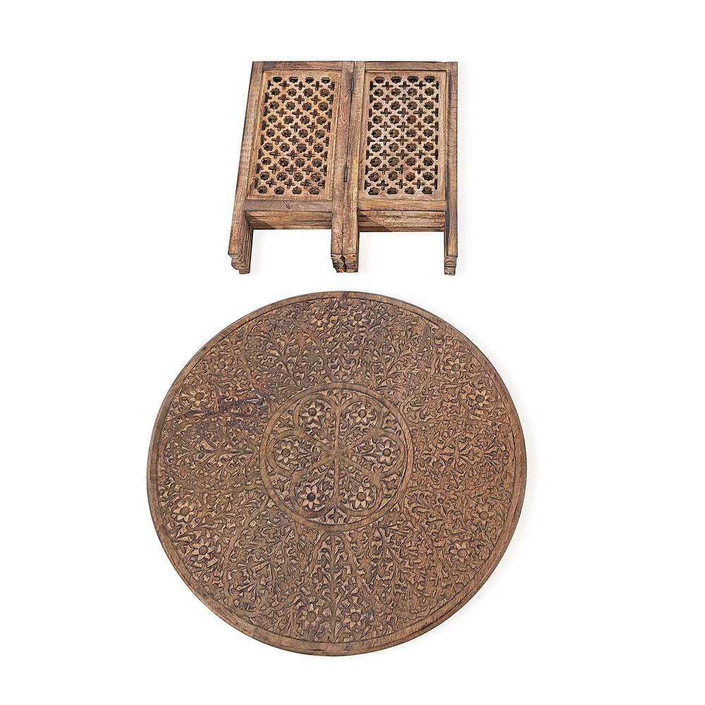 NAKKASHI - Hand Carved Solid Mango Wood Round Table in Burn Finish (Size 45x70 Cm)
