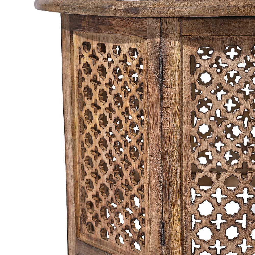 NAKKASHI - Hand Carved Solid Mango Wood Round Table in Burn Finish (Size 45x70 Cm)