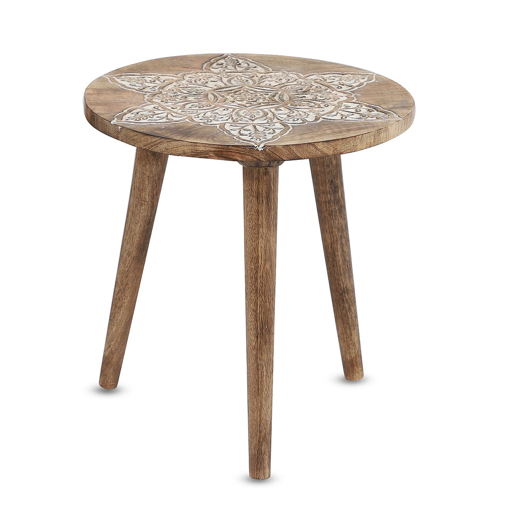 NAKKASHI Mandala Mango Wooden Handcarved Table with Round Legs (Size 48x45 Cm)