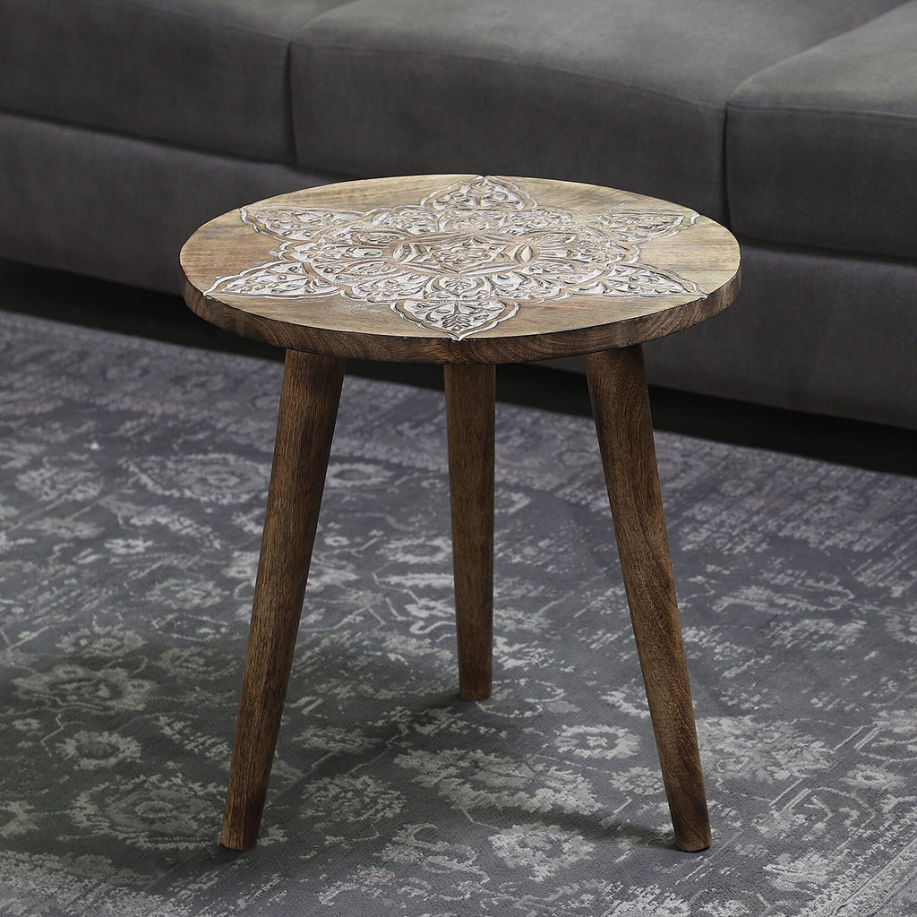 NAKKASHI Mandala Mango Wooden Handcarved Table with Round Legs (Size 48x45 Cm)