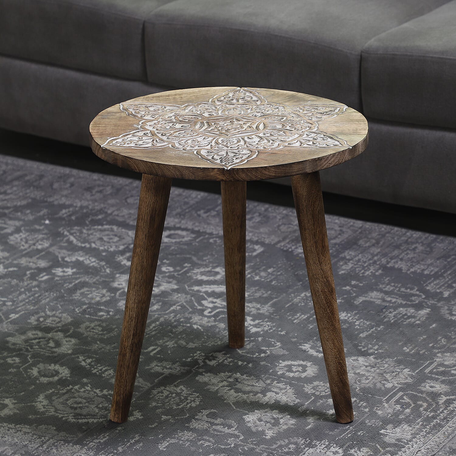 NAKKASHI Mandala Mango Wooden Handcarved Table with Round Legs (Size 48x45 Cm)