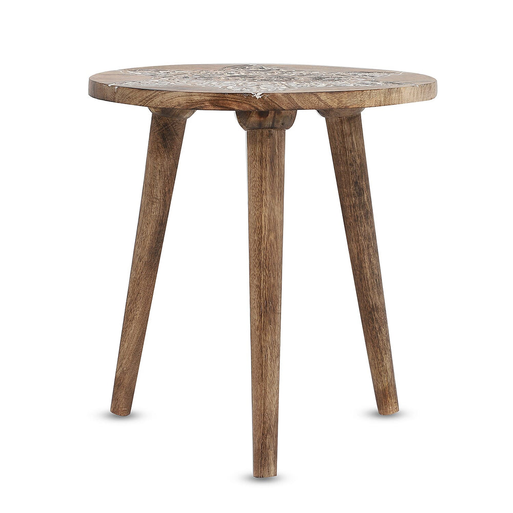 NAKKASHI Mandala Mango Wooden Handcarved Table with Round Legs (Size 48x45 Cm)