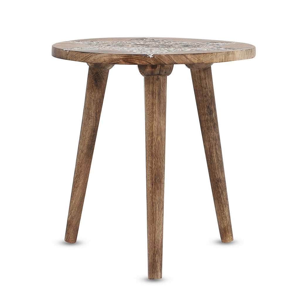 NAKKASHI Mandala Mango Wooden Handcarved Table with Round Legs (Size 48x45 Cm)