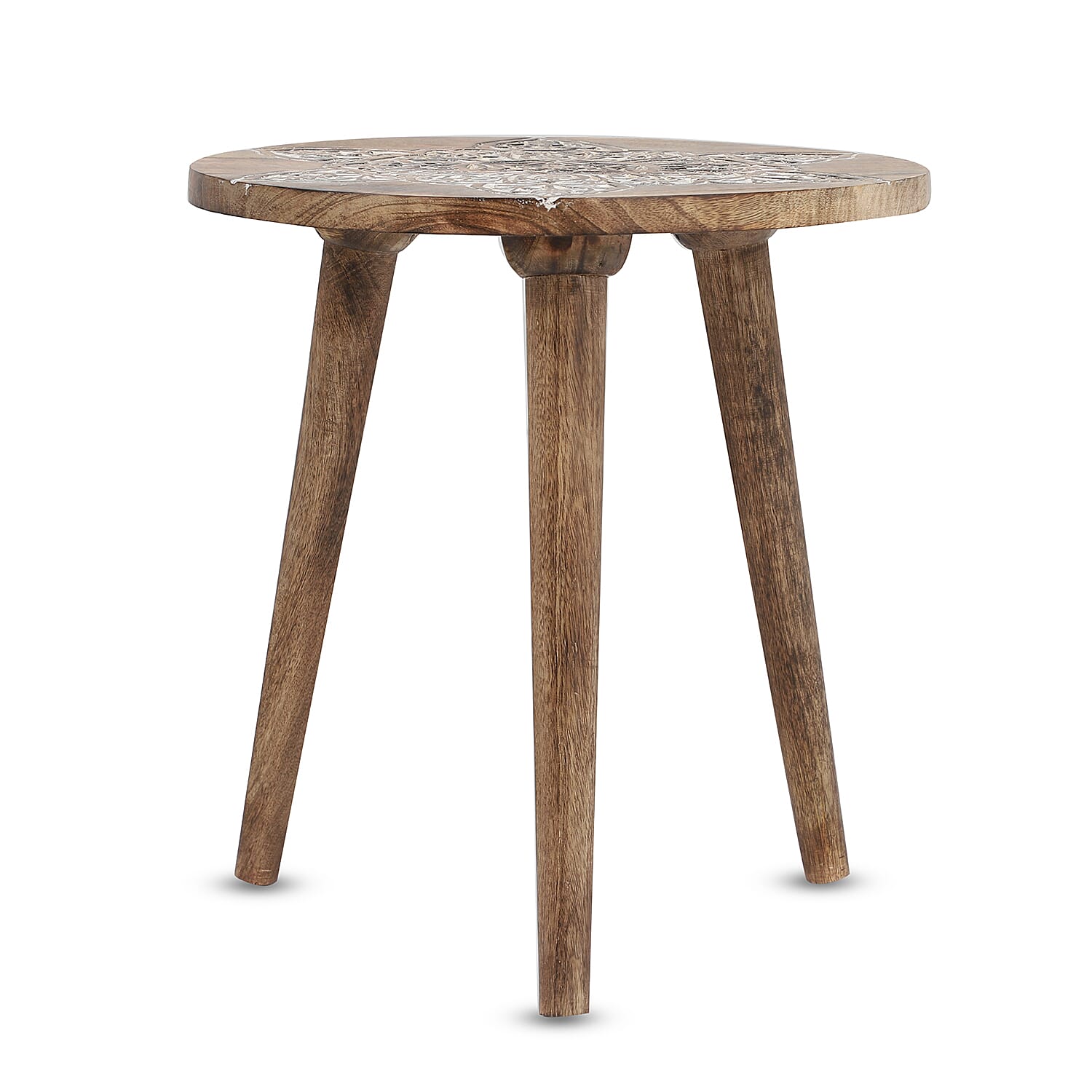 NAKKASHI Mandala Mango Wooden Handcarved Table with Round Legs (Size 48x45 Cm)