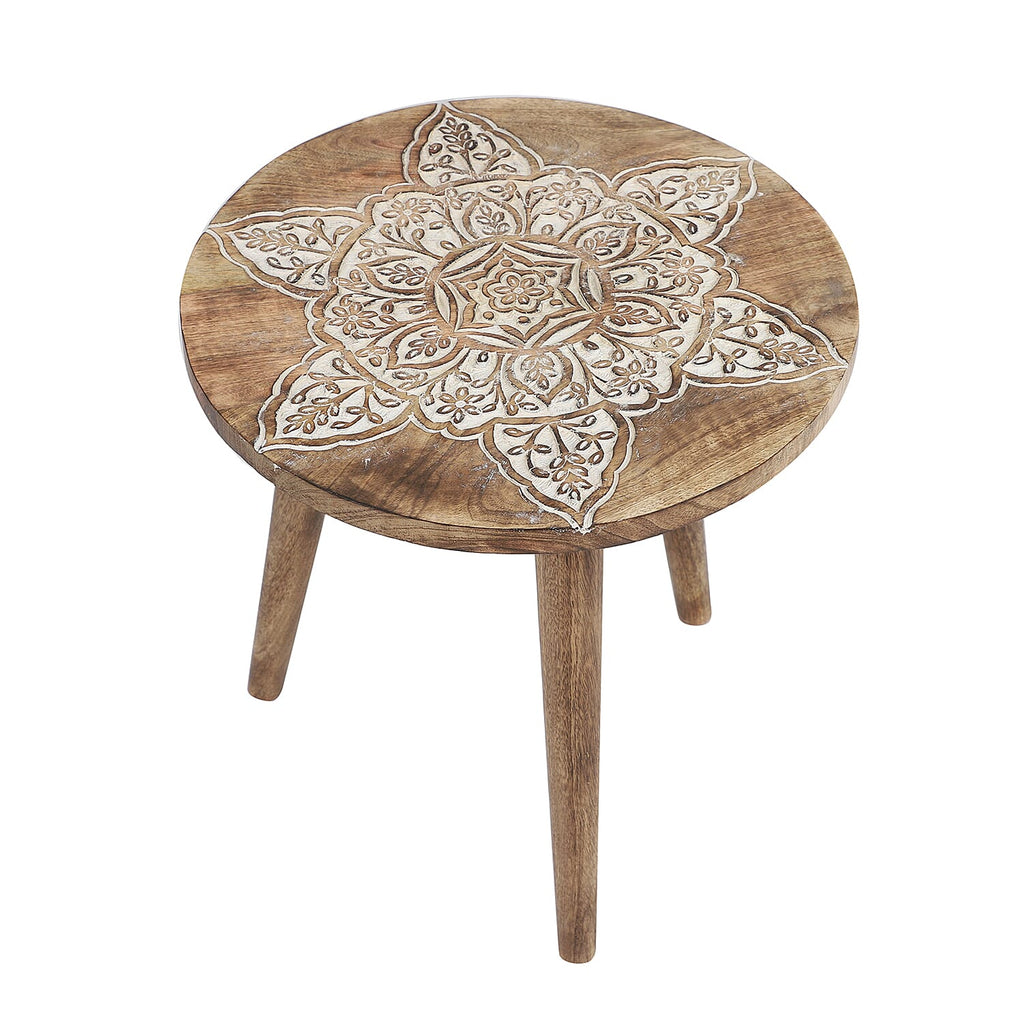 NAKKASHI Mandala Mango Wooden Handcarved Table with Round Legs (Size 48x45 Cm)