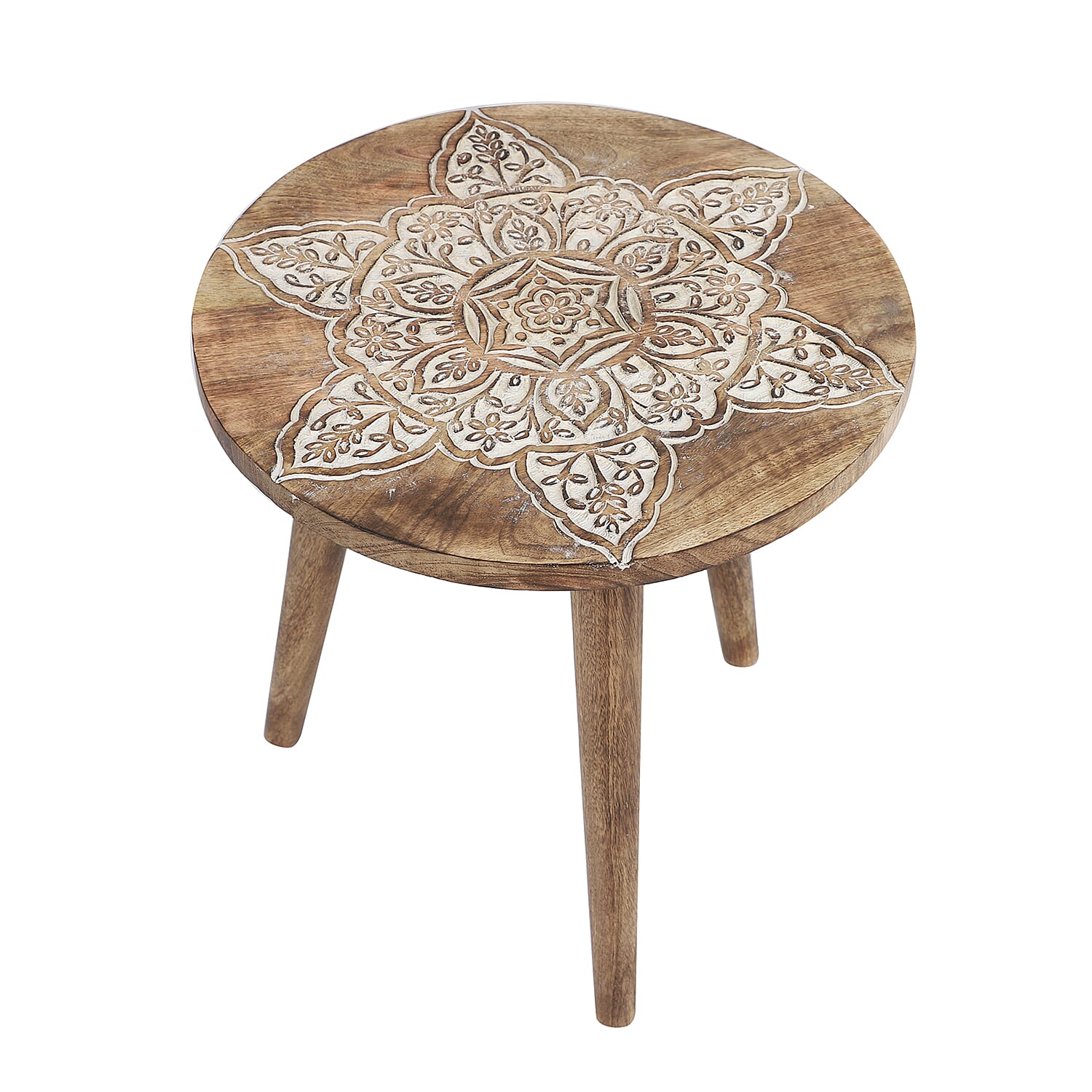 NAKKASHI Mandala Mango Wooden Handcarved Table with Round Legs (Size 48x45 Cm)