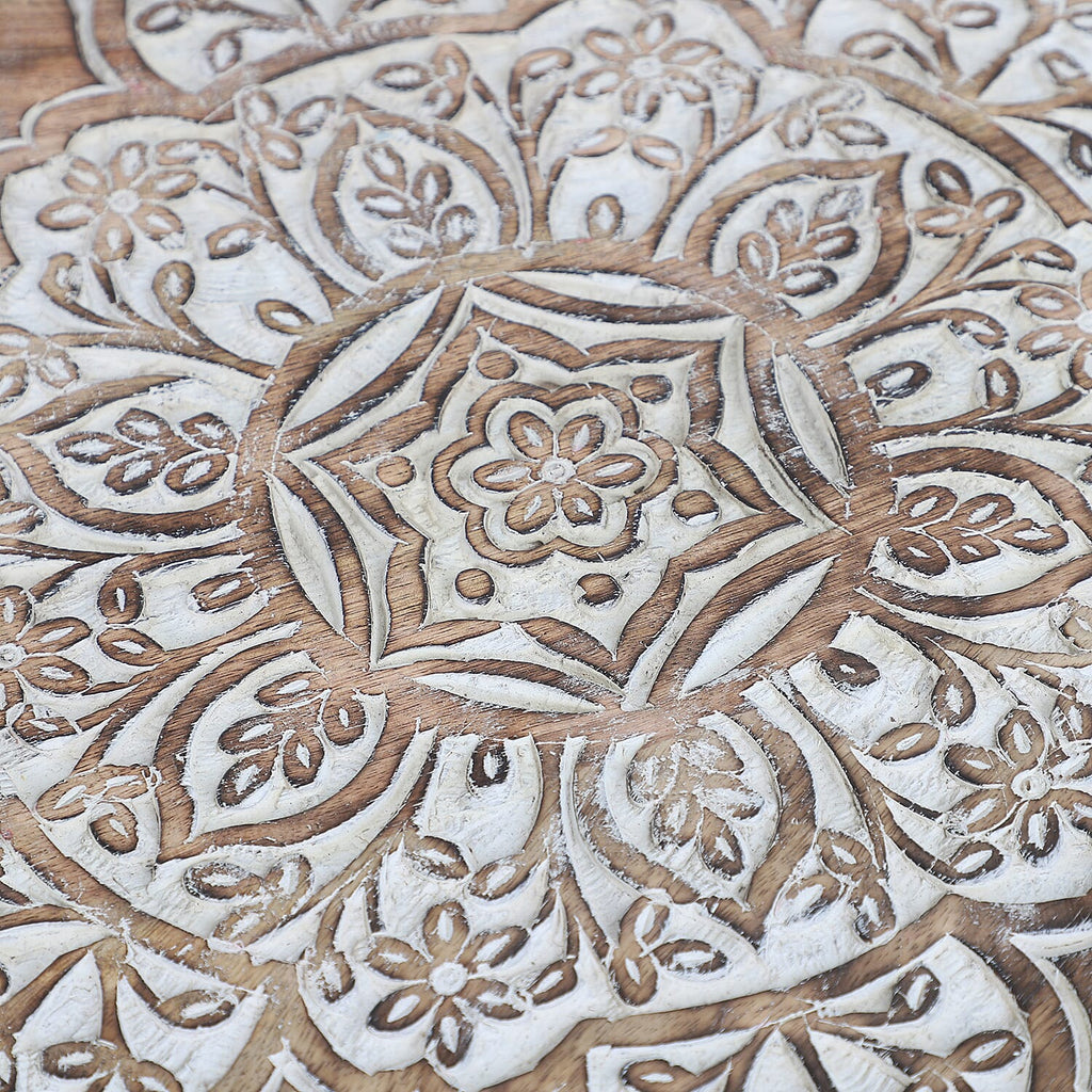 NAKKASHI Mandala Mango Wooden Handcarved Table with Round Legs (Size 48x45 Cm)