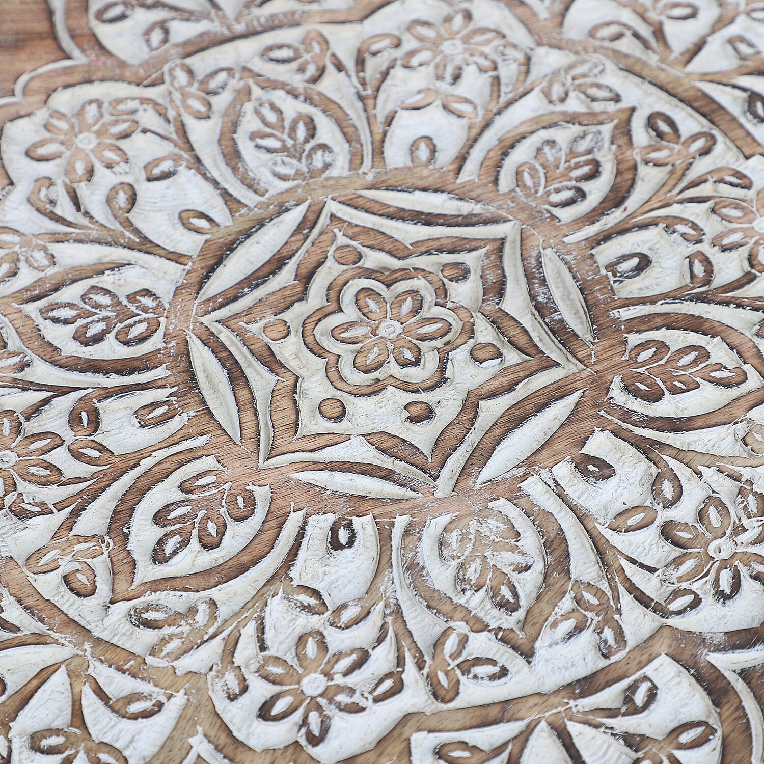 NAKKASHI Mandala Mango Wooden Handcarved Table with Round Legs (Size 48x45 Cm)