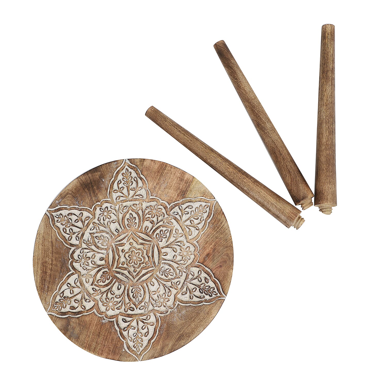 NAKKASHI Mandala Mango Wooden Handcarved Table with Round Legs (Size 48x45 Cm)