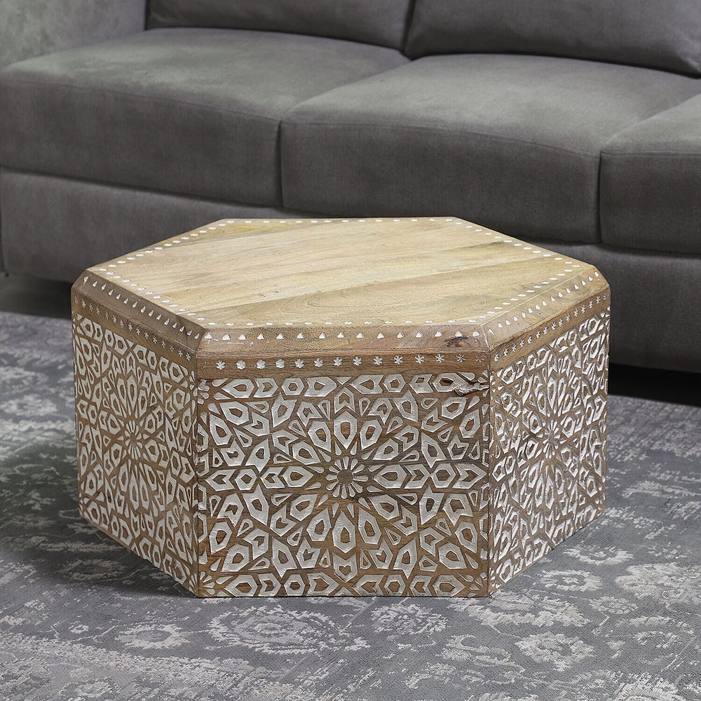 NAKKASHI Mango Wood Hand Carved Hexagonal Coffee Table (Size 71x61x33cm)