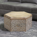 NAKKASHI Mango Wood Hand Carved Hexagonal Coffee Table (Size 71x61x33cm)