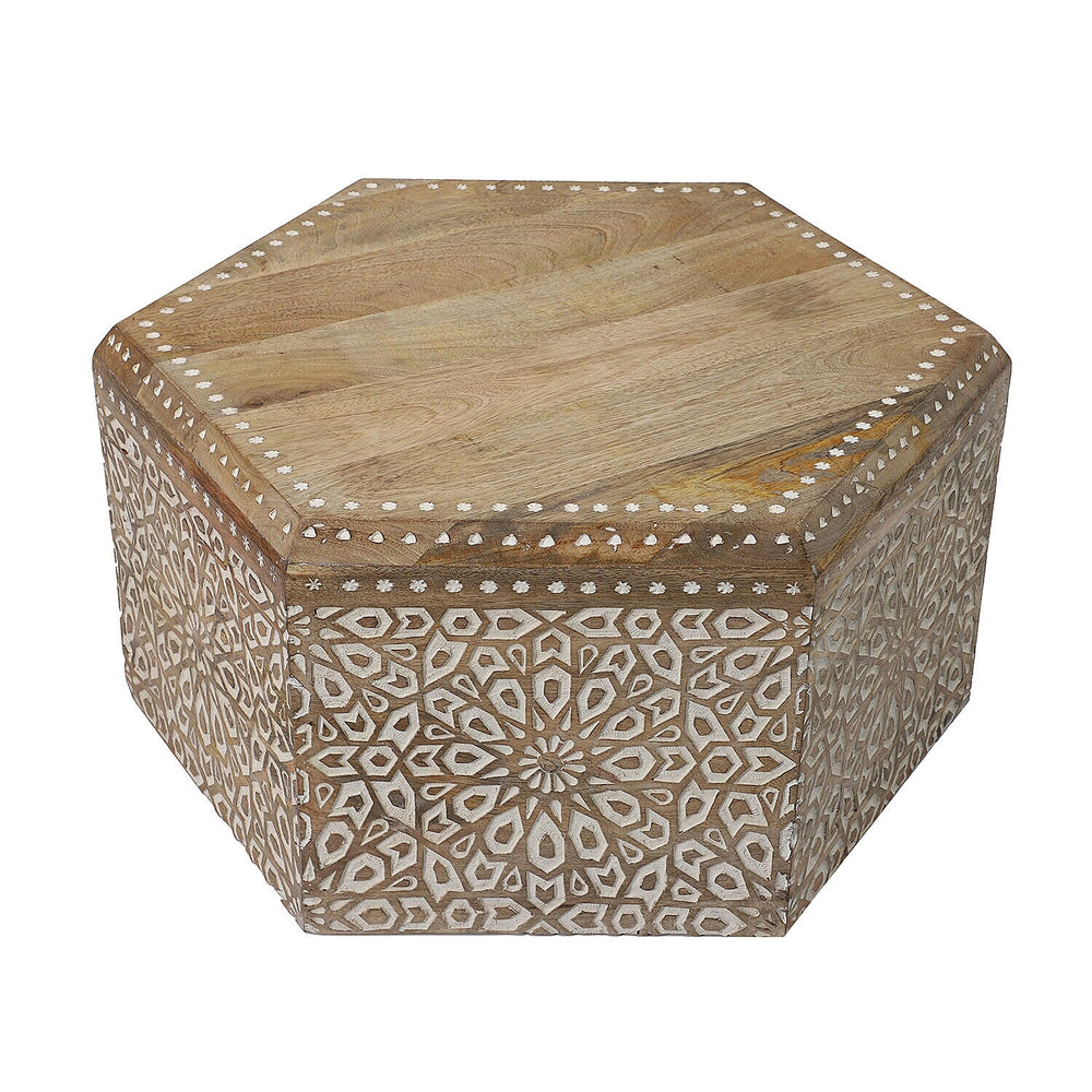 NAKKASHI Mango Wood Hand Carved Hexagonal Coffee Table (Size 71x61x33cm)