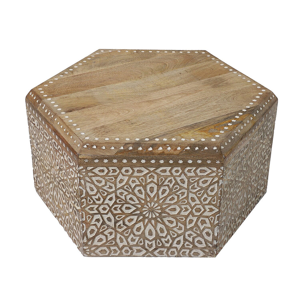 NAKKASHI Mango Wood Hand Carved Hexagonal Coffee Table (Size 71x61x33cm)