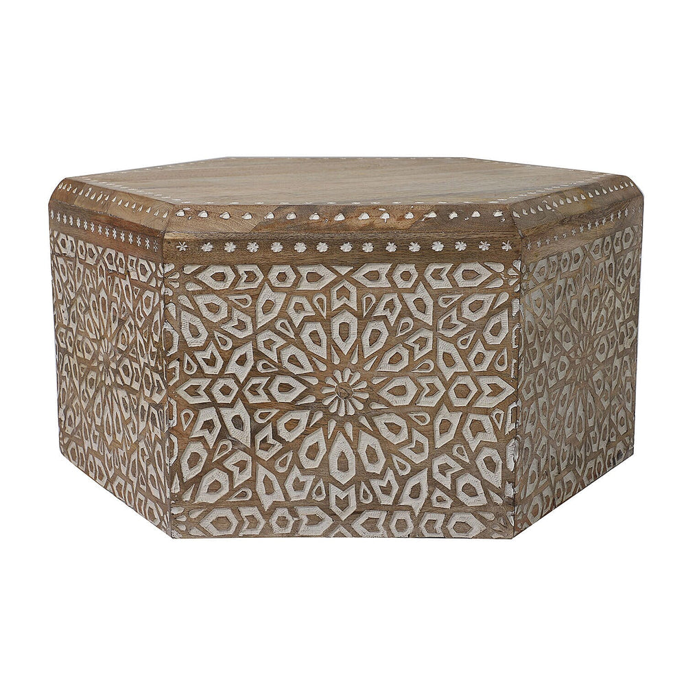 NAKKASHI Mango Wood Hand Carved Hexagonal Coffee Table (Size 71x61x33cm)