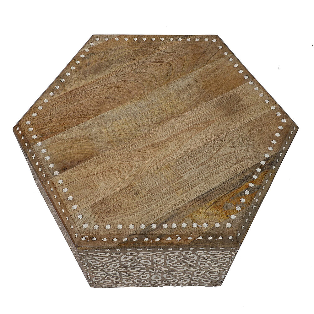 NAKKASHI Mango Wood Hand Carved Hexagonal Coffee Table (Size 71x61x33cm)