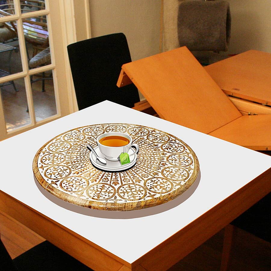 Handmade - Hand Carved Mango Wood Rotating Tray (Dia 40, Weight 7.09lbs)