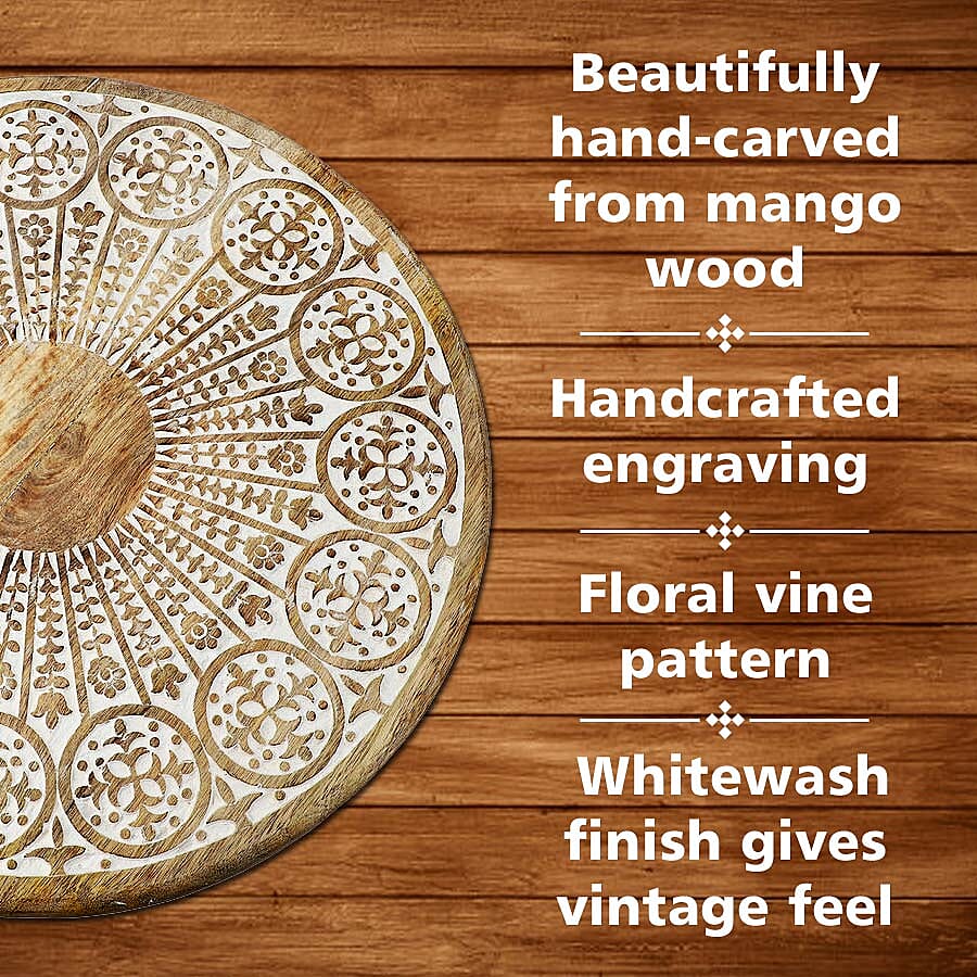 Handmade - Hand Carved Mango Wood Rotating Tray (Dia 40, Weight 7.09lbs)