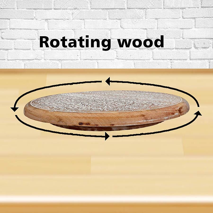 Handmade - Hand Carved Mango Wood Rotating Tray (Dia 40, Weight 7.09lbs)