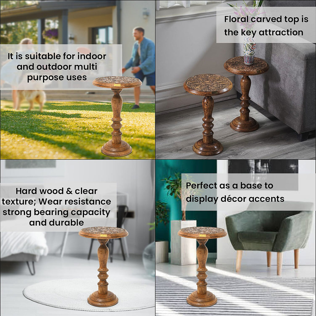 NAKKASHI Set of 2 - Mango Wood Handcarved Bedside Pillar Table (Size 45x30 Cm)