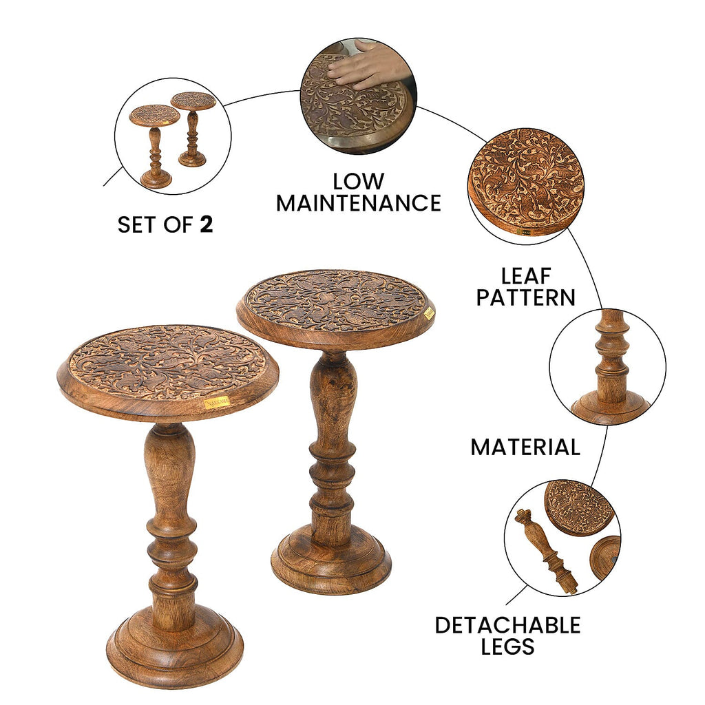 NAKKASHI Set of 2 - Mango Wood Handcarved Bedside Pillar Table (Size 45x30 Cm)