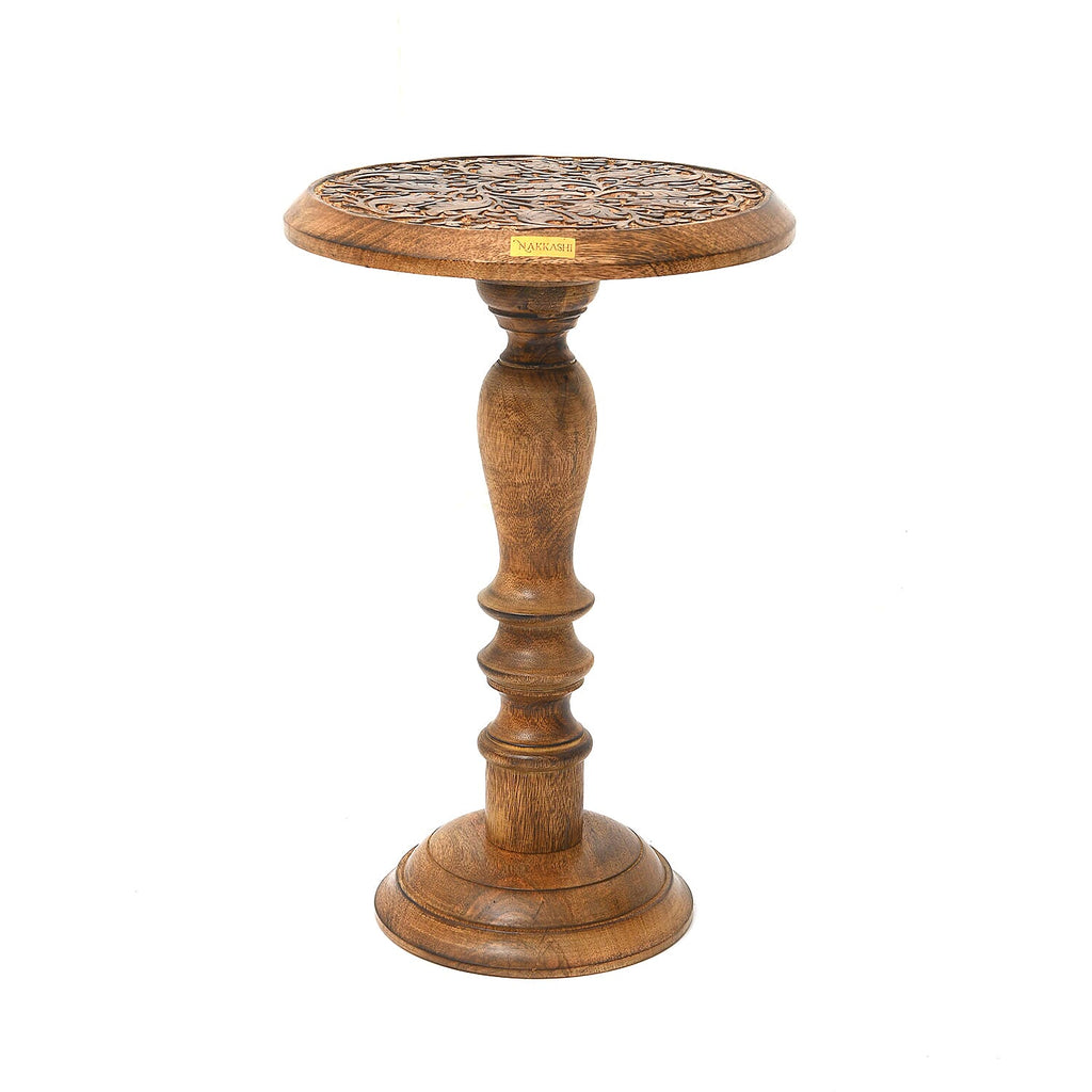 NAKKASHI Set of 2 - Mango Wood Handcarved Bedside Pillar Table (Size 45x30 Cm)