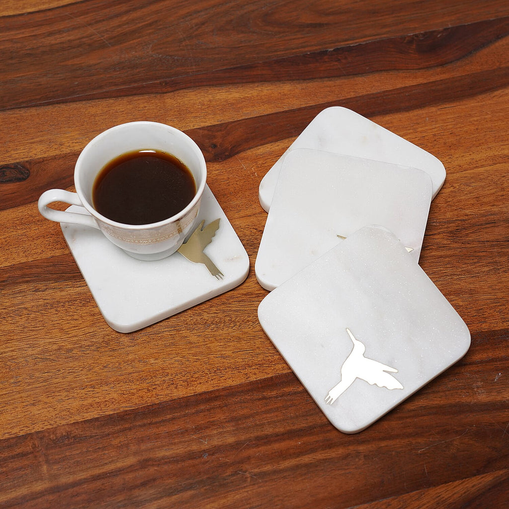 NAKKASHI - Set of 4 - Square Marble Coasters with Humming Bird Brass Inlay (Size 10cm)
