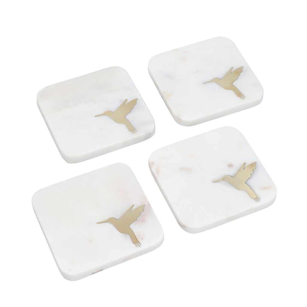 NAKKASHI - Set of 4 - Square Marble Coasters with Humming Bird Brass Inlay (Size 10cm)