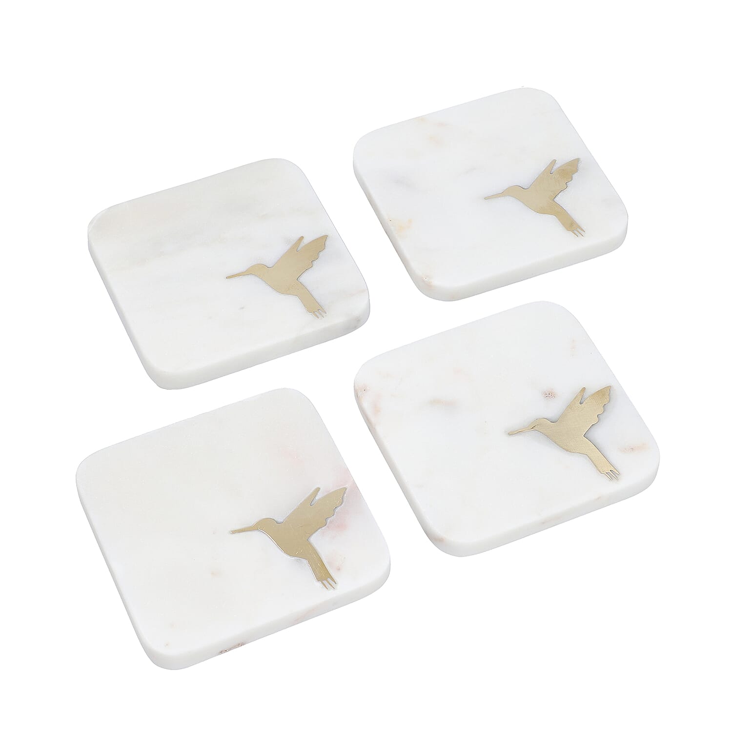 NAKKASHI - Set of 4 - Square Marble Coasters with Humming Bird Brass Inlay (Size 10cm)